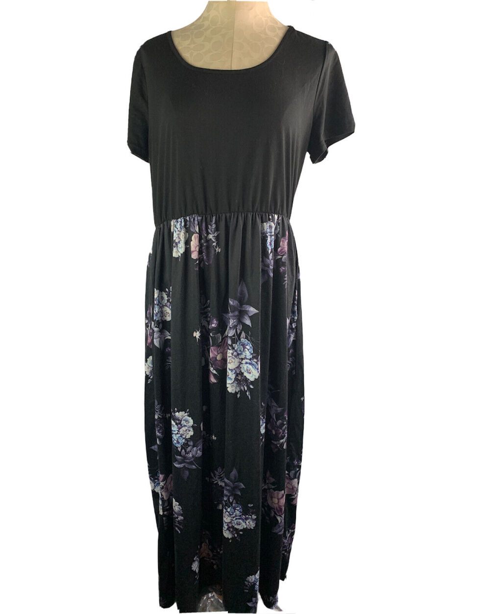 14 Nemidor Jersey Knit Maxi Dress Floral Skirt Pockets Short Sleeve